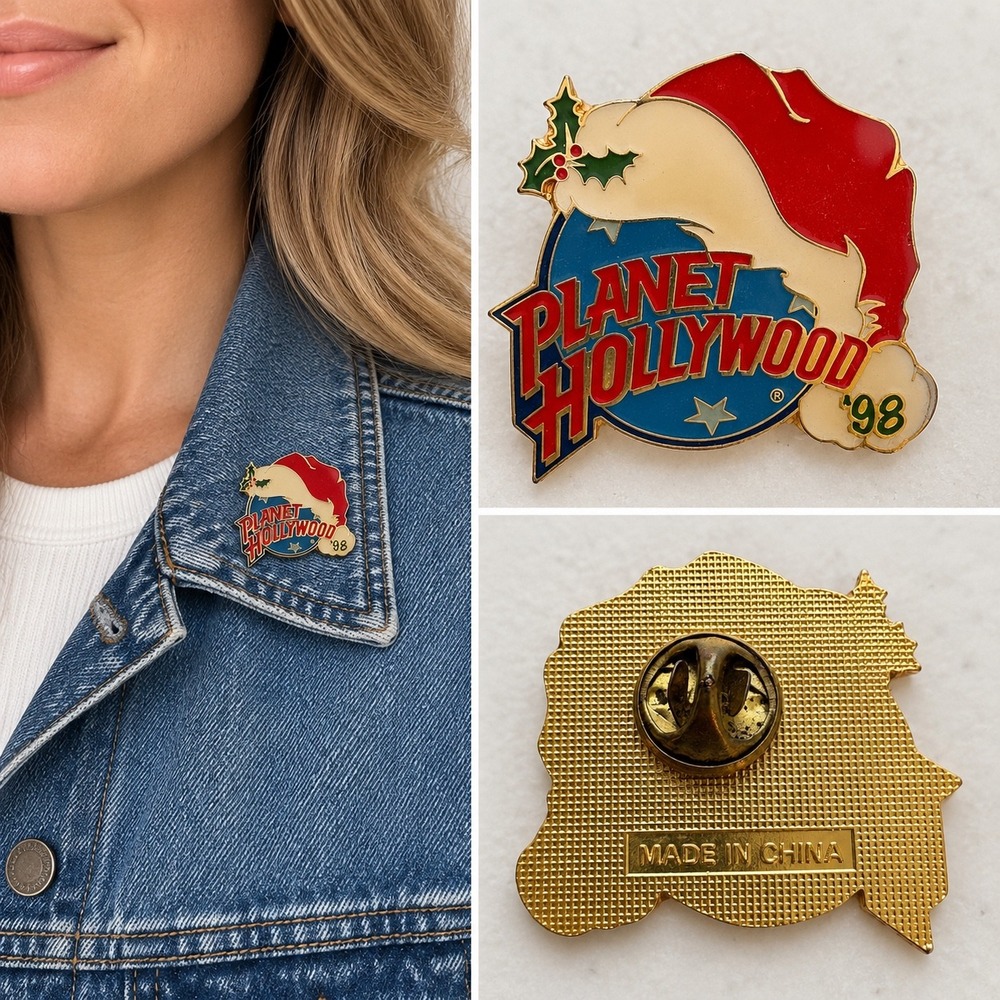 Planet Hollywood Christmas Enamel Pin Red Gold 1998 Santa Hat Festive Holiday